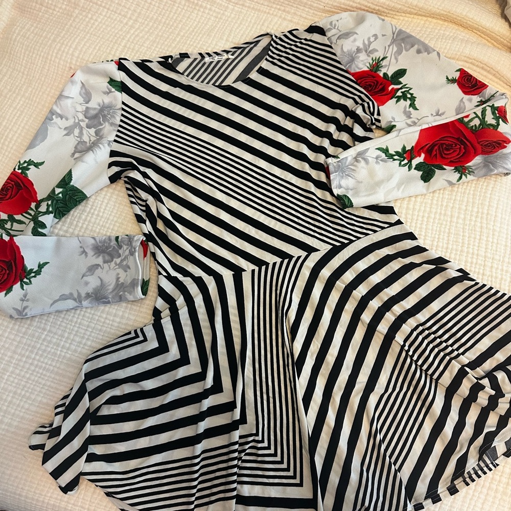 Black & White Striped Fit-and-Flare Dress with Red Rose Sleeves